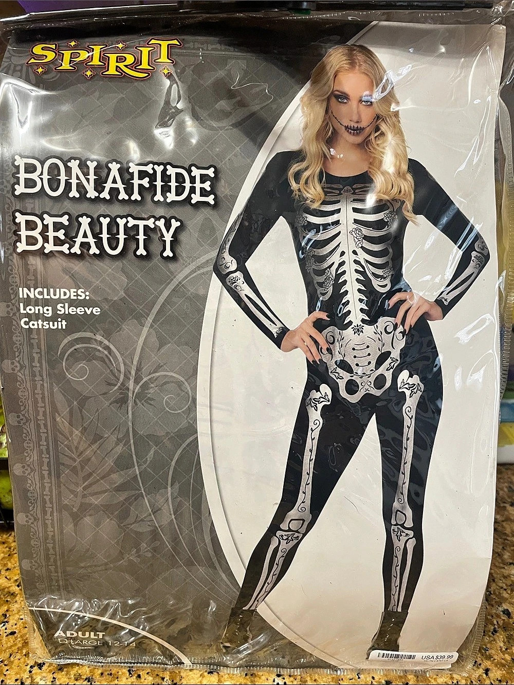 Spirit Halloween Bonafide Beauty Skeleton Costume Catsuit Skeleton Catsuit Black